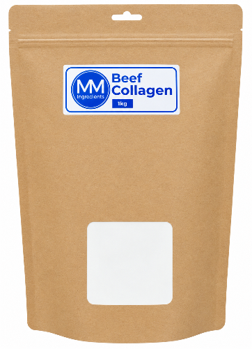 A 1kg stand-up kraft paper pouch of MM Ingredients Beef Collagen, featuring a white and blue label on the front and a clear window near the bottom.