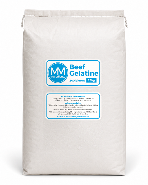 A 25kg paper bag of MM Ingredients Beef Gelatine, 240 bloom, shown against a plain white background.