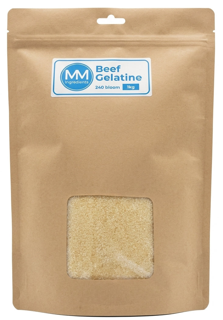 A 1kg stand-up pouch of MM Ingredients Ltd Beef Gelatine in a brown kraft paper bag with a clear window showing the gelatine inside.
