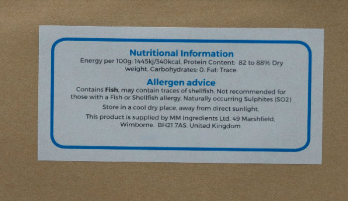 Nutritional Information label for Fish gelatine from MM Ingredients