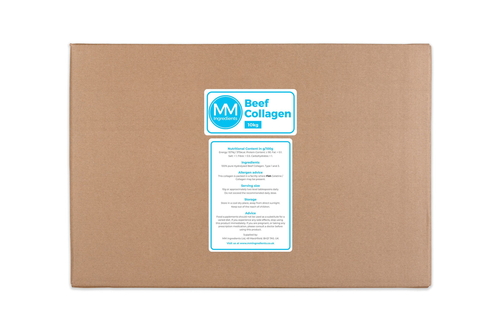 A 10Kg box of MM Ingredients Beef Collagen, with the information label on how to use,store, ingredients etc 