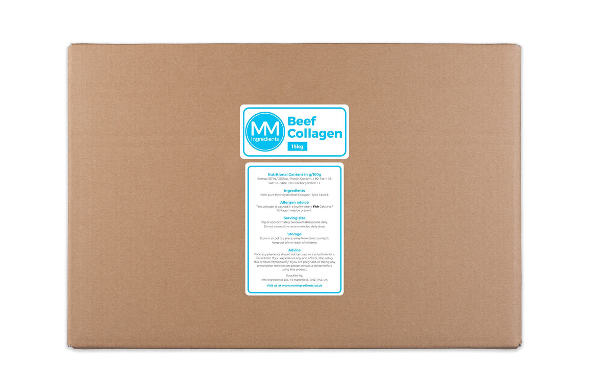 A 15Kg box of Beef Collagen as supplied by MM Ingredients with a nutritional and other information label on