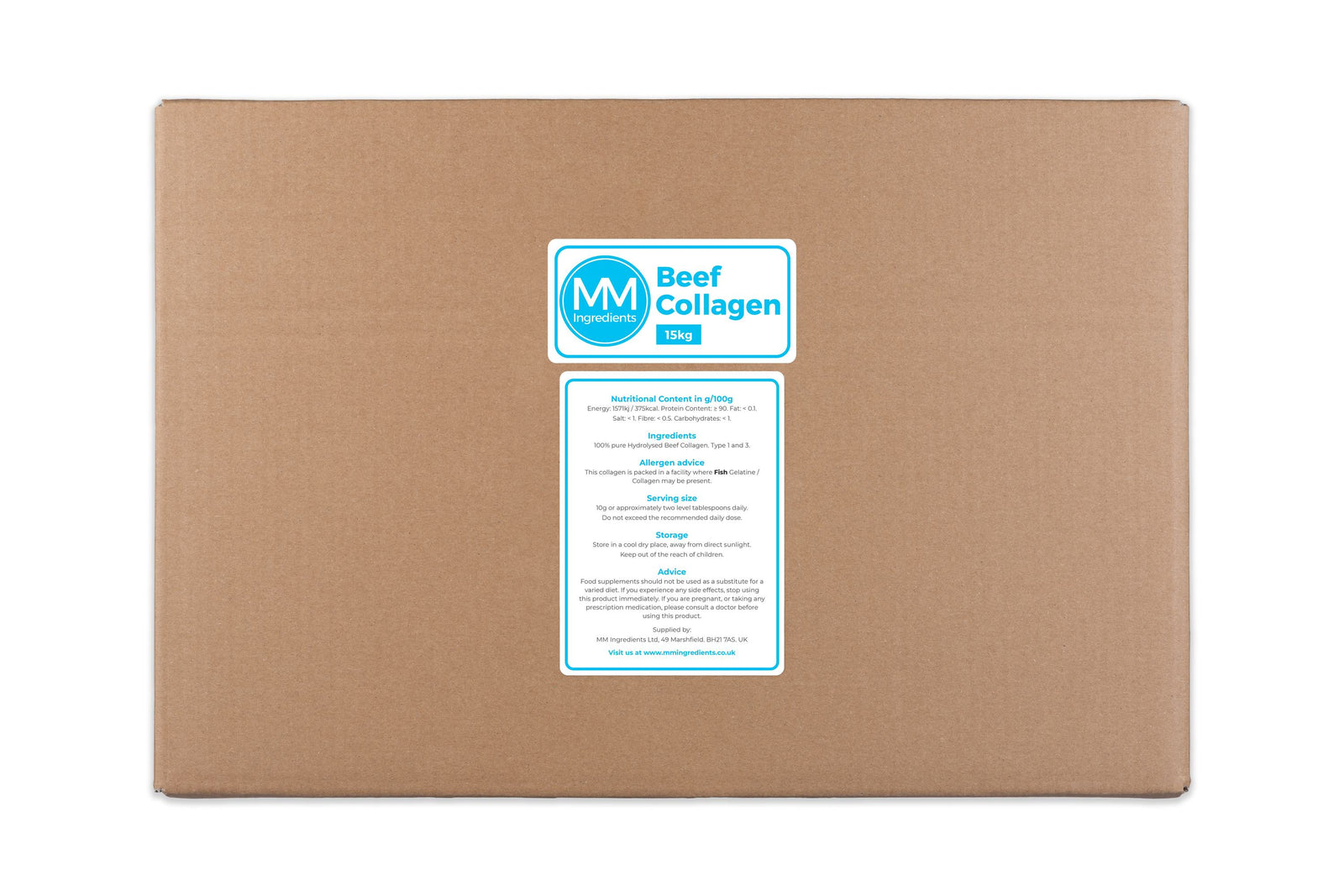 A 15Kg box of Beef Collagen as supplied by MM Ingredients with a nutritional and other information label on