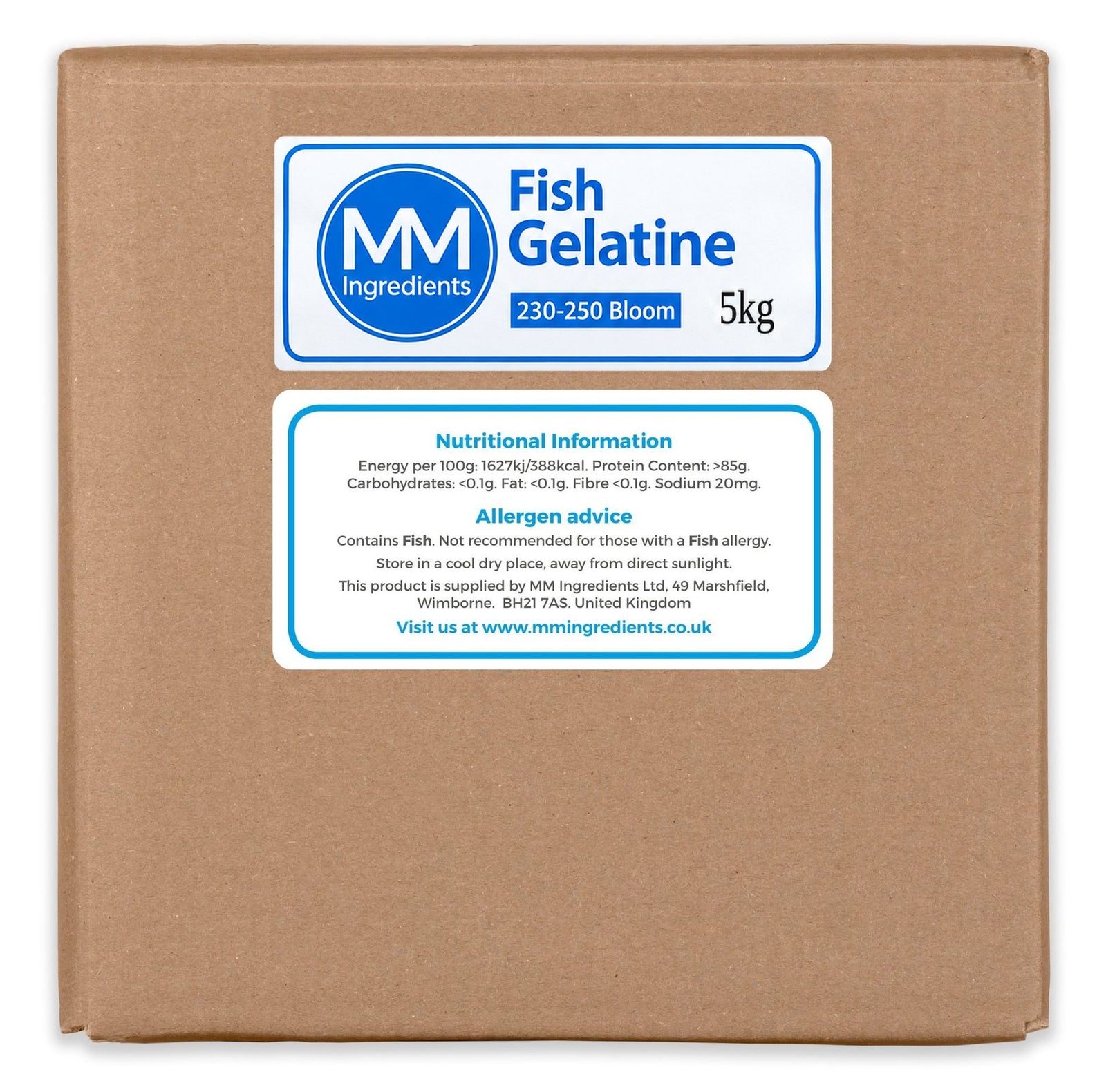 A 5kg brown cardboard box of MM Ingredients Fish Gelatine, featuring two white and blue labels on the front.