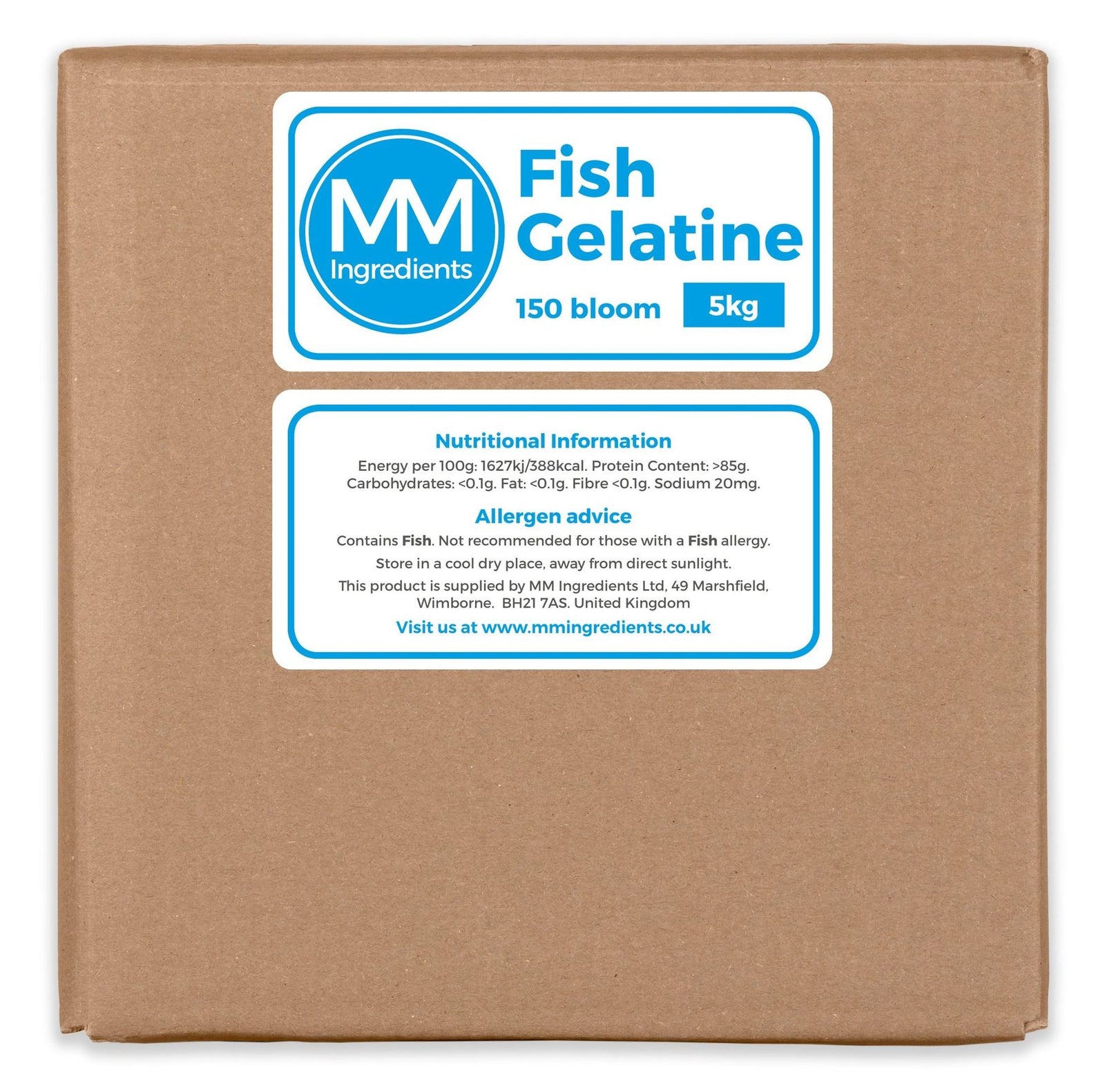 A 5Kg bx of Fish gelatine from MM Ingredients, with a nutritional information and allergen advice label