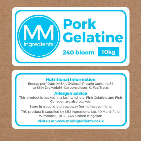 Powdered Pork gelatine powder 10Kg supplied in a box by MM Ingredients 