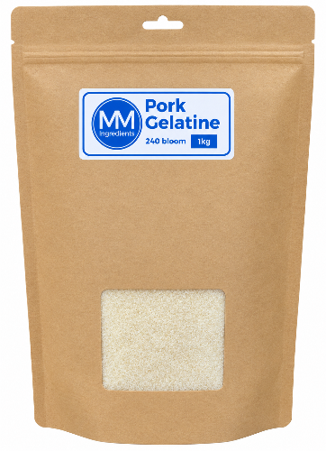 A 1kg stand-up kraft paper pouch of MM Ingredients Pork Gelatine, featuring a clear window near the bottom displaying the off-white gelatin powder inside.