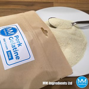 Pork gelatine powder spilling out from a pouch